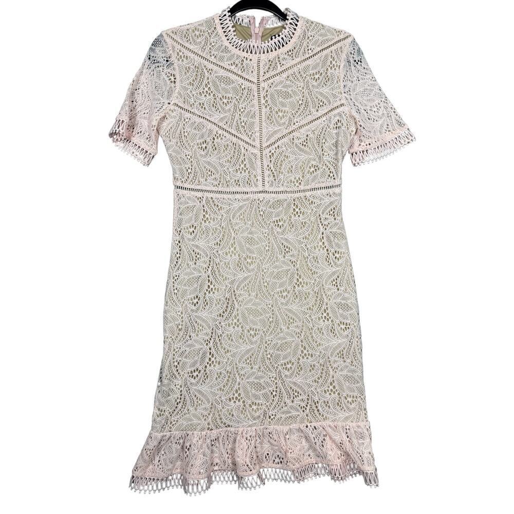 Bardot Pale Pink Guipure Lace Dress Size 6 Short Sleeve Ruffle Hem - Picture 2 of 5